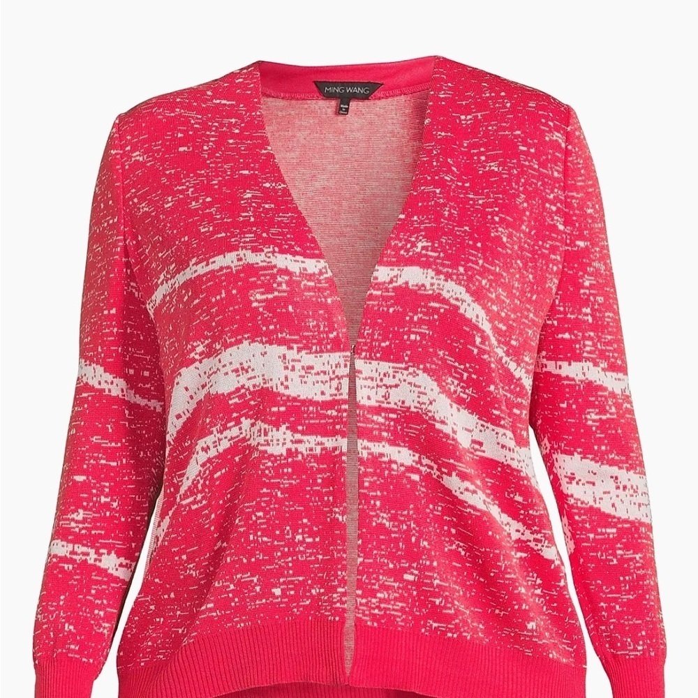 Ming Wang Women's Abstract V-Neck Knit Jacket Flamenco White Size 1X - Picture 14 of 15
